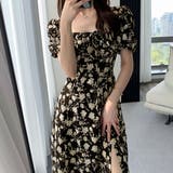 ブラック/半袖 | 花柄スクエアネックワンピース 長袖/半袖 | privatebeach