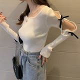 袖リボン付きリブ編みニットトップス | privatebeach | 詳細画像1 