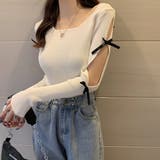 ホワイト | 袖リボン付きリブ編みニットトップス | privatebeach