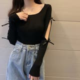 ブラック | 袖リボン付きリブ編みニットトップス | privatebeach