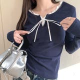 ネイビー | フェイクレイヤードリボン使いトップス | privatebeach