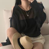 ブラック | リボンオープンショルダー透かし編みクロップド丈ニットトップス | privatebeach
