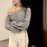 リボンレースアップオフショルダーニットトップス | privatebeach | 詳細画像1