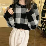 ブラック | ブロックチェック柄クロップド丈ニットトップス | privatebeach