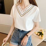 刺繍レース使いVネックTシャツ | privatebeach | 詳細画像1