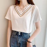 ホワイト | 刺繍レース使いVネックTシャツ | privatebeach