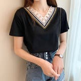 ブラック | 刺繍レース使いVネックTシャツ | privatebeach