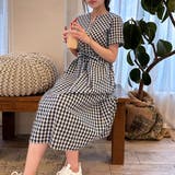 ネイビー | 共布ベルト付きギンガムチェック柄キーネックワンピース | privatebeach