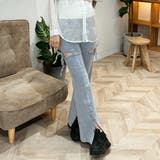 サックスブルー | サイドリボンカットアウトハイウェストスリットデニムフレアパンツ | privatebeach