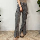 ブラック | サイドリボンカットアウトハイウェストスリットデニムフレアパンツ | privatebeach