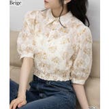 ベージュ | 花柄レース地 裾シャーリング クロップド ブラウス | Pumpkin Port