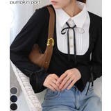 サテンリボンブラウス+リブカットソードッキング 長袖トップス | Pumpkin  Port | 詳細画像1 