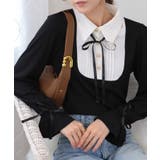 サテンリボンブラウス+リブカットソードッキング 長袖トップス | Pumpkin  Port | 詳細画像2 