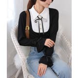 サテンリボンブラウス+リブカットソードッキング 長袖トップス | Pumpkin  Port | 詳細画像3 