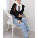 サテンリボンブラウス+リブカットソードッキング 長袖トップス | Pumpkin  Port | 詳細画像4 