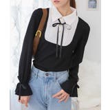 サテンリボンブラウス+リブカットソードッキング 長袖トップス | Pumpkin  Port | 詳細画像5 