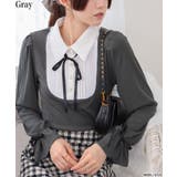 グレー | サテンリボンブラウス+リブカットソードッキング 長袖トップス | Pumpkin  Port