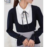 ネイビー | サテンリボンブラウス+リブカットソードッキング 長袖トップス | Pumpkin  Port