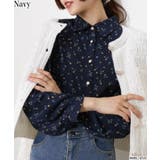 ネイビー | ドット&花柄 裾シャーリング 長袖 ブラウス | Pumpkin Port
