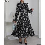 ブラック | フリルデザイン リボン付き ティアード切替ロングワンピース | Pumpkin  Port