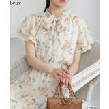 ベージュ | 水彩大花柄 ボウタイリボン 2枚袖 ワンピース | Pumpkin  Port