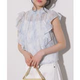 インナーキャミ付きシアー水彩柄フリルデザイナプチハイネックブラウス | Pumpkin  Port | 詳細画像6 