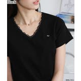 ブラック | Vネック レース付き ワンコプレート ポイント 半袖Tシャツ | Pumpkin  Port