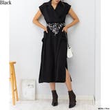 ブラック | 大人見え ハイウエスト 花柄リボンベルト ミディ丈 ワンピース | Pumpkin Port