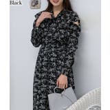 ブラック | 肩あき リボンタイ フリル使い花柄ロングワンピース | Pumpkin Port