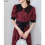 ワインレッド | リボンベルト付 花柄 クレリック 半袖ワンピース | Pumpkin  Port