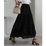 ブラック | シアーチェック×小花柄ティアードロングスカート | Pumpkin  Port