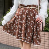 ブラウン | デシン花柄 裾配色パールバックルベルト付きミニフレアスカート | Pumpkin  Port