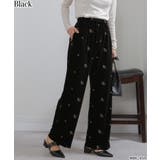 ブラック | 花柄刺繍 ベロア イージーワイド パンツ(裏地付き) | Pumpkin Port