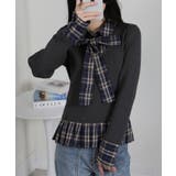 リブ×チェックプリーツ フェイクレイヤード リボン付きトップス（リボン取り外し可… | Pumpkin  Port | 詳細画像12 