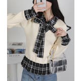 リブ×チェックプリーツ フェイクレイヤード リボン付きトップス（リボン取り外し可… | Pumpkin  Port | 詳細画像3 