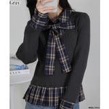 グレー | リブ×チェックプリーツ フェイクレイヤード リボン付きトップス（リボン取り外し可… | Pumpkin  Port