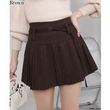 ブラウン | ベルト付 細プリーツ 台形ミニスカート（インパン付） | Pumpkin  Port