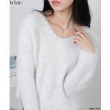 ホワイト | ラメ シャギー Vネック 長袖ニット トップス | Pumpkin Port