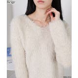 ベージュ | ラメ シャギー Vネック 長袖ニット トップス | Pumpkin Port