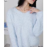 サックス | ラメ シャギー Vネック 長袖ニット トップス | Pumpkin Port