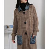 ケーブルニット デニム使い ビッグボタン ロングカーデ | Pumpkin  Port | 詳細画像17 