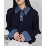 デニム襟 ゴールドボタンヘンリーネック ポロ風ニットトップス | Pumpkin  Port | 詳細画像19 