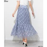 ブルー | 後ろリボン シアーチェックレイヤード ティアードロングスカート | Pumpkin Port