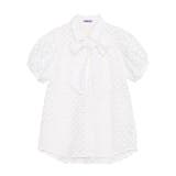 ホワイト | リボン付きシアー半袖ブラウス | PUNYUS