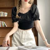 ブラック | 韓国ファッションギャザーパフスリーブクロップドトップス夏服セクシー | ＆soiree