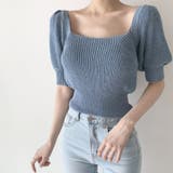 ブルー | 韓国ファッションニットトップス 半袖 バックリボン | ＆soiree