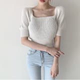 ホワイト | 韓国ファッションニットトップス 半袖 バックリボン | ＆soiree