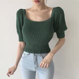 グリーン | 韓国ファッションニットトップス 半袖 バックリボン | ＆soiree