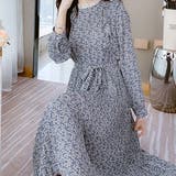 サックス | フレンチヴィンテージ花柄ウエスト紐付きワンピース | &soiree