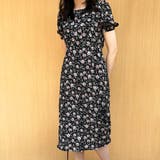 ブラック | スクエアネック 花柄 パスリーブ 半袖ワンピース | ＆soiree